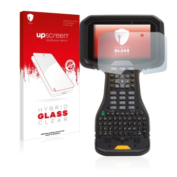 Face avant d’un emballage produit avec le logo de la marque upscreen. À côté, l’appareil Trimble TSC5 est représenté avec la p