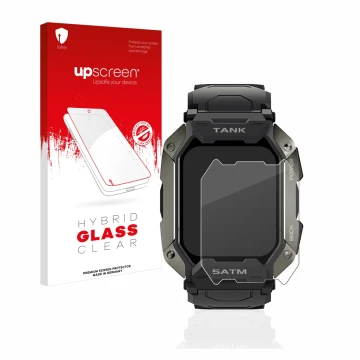 Face avant d’un emballage produit avec le logo de la marque upscreen. À côté, l’appareil Kospet Tank M1 est représenté avec la