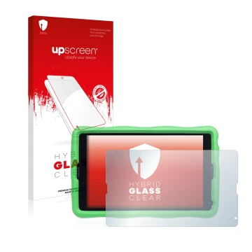 Face avant d’un emballage produit avec le logo de la marque upscreen. À côté, l’appareil MEDION Lifetab E10440 Kids est représ