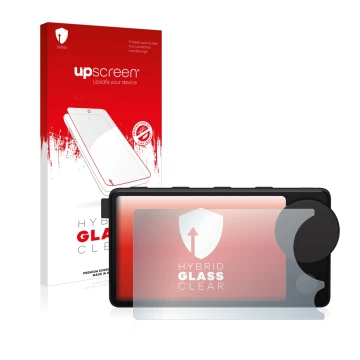 Face avant d’un emballage produit avec le logo de la marque upscreen. À côté, l’appareil Spotify Car Thing est représenté avec