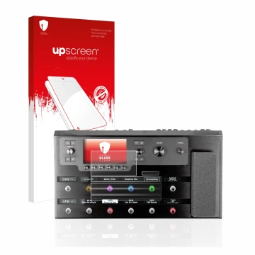 Face avant d’un emballage produit avec le logo de la marque upscreen. À côté, l’appareil Line 6 Helix Floor est représenté ave