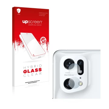 Face avant d’un emballage produit avec le logo de la marque upscreen. À côté, l’appareil Oppo Find X5 Pro (Caméra UNIQUEMENT) 