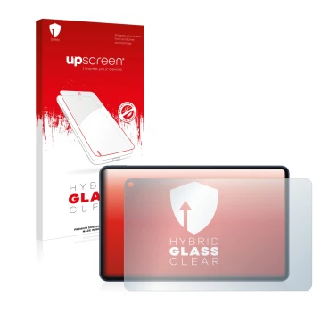 Face avant d’un emballage produit avec le logo de la marque upscreen. À côté, l’appareil Huawei MatePad Pro 10.8