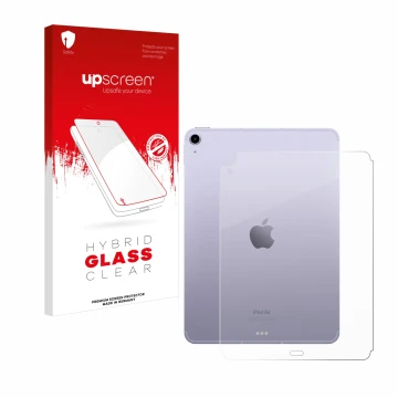 Face avant d’un emballage produit avec le logo de la marque upscreen. À côté, l’appareil Apple iPad Air 5 WiFi 2022 (Arrière, 
