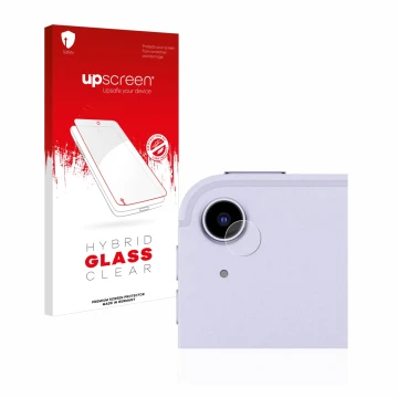 Face avant d’un emballage produit avec le logo de la marque upscreen. À côté, l’appareil Apple iPad Air 5 WiFi 2022 (Caméra UN