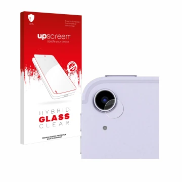 Face avant d’un emballage produit avec le logo de la marque upscreen. À côté, l’appareil Apple iPad Air 5 2022 (Caméra UNIQUEM