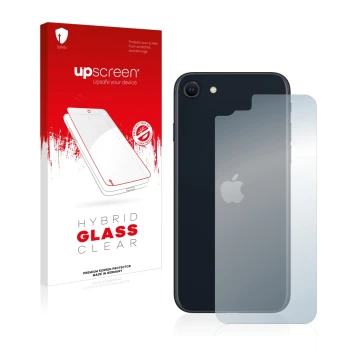 Face avant d’un emballage produit avec le logo de la marque upscreen. À côté, l’appareil Apple iPhone SE 3 2022 (Arrière) est 