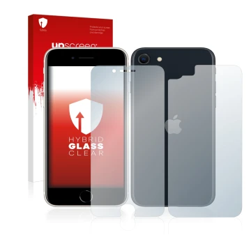 Face avant d’un emballage produit avec le logo de la marque upscreen. À côté, l’appareil Apple iPhone SE 3 2022 (Avant+Arrière