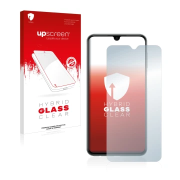 Face avant d’un emballage produit avec le logo de la marque upscreen. À côté, l’appareil Samsung Galaxy M33 est représenté ave