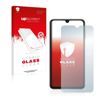 Face avant d’un emballage produit avec le logo de la marque upscreen. À côté, l’appareil Samsung Galaxy A23 est représenté ave