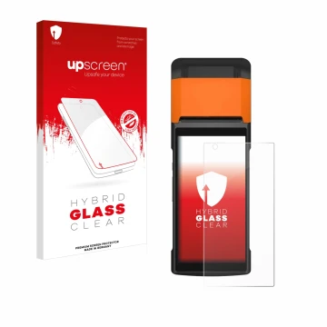 Face avant d’un emballage produit avec le logo de la marque upscreen. À côté, l’appareil Sunmi V2s est représenté avec la prot