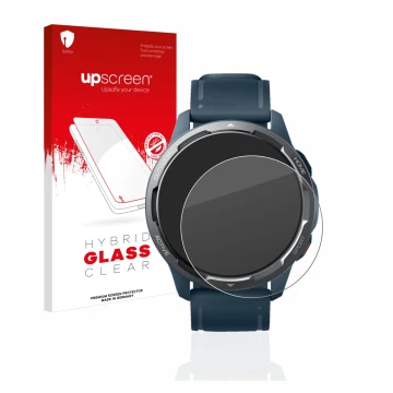 Face avant d’un emballage produit avec le logo de la marque upscreen. À côté, l’appareil Xiaomi Watch S1 Active est représenté
