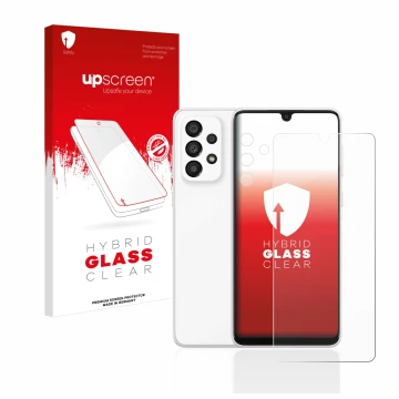 Face avant d’un emballage produit avec le logo de la marque upscreen. À côté, l’appareil Samsung Galaxy A33 5G (Avant+Caméra) 