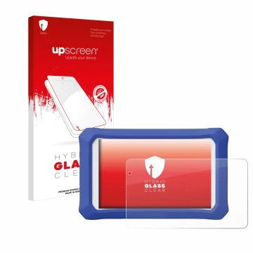 Face avant d’un emballage produit avec le logo de la marque upscreen. À côté, l’appareil Clementoni Clempad X Revolution est r