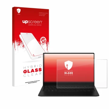 Face avant d’un emballage produit avec le logo de la marque upscreen. À côté, l’appareil Samsung Galaxy Book2 Pro 13.3