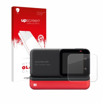 Face avant d’un emballage produit avec le logo de la marque upscreen. À côté, l’appareil Insta360 One RS 4K Edition est représ