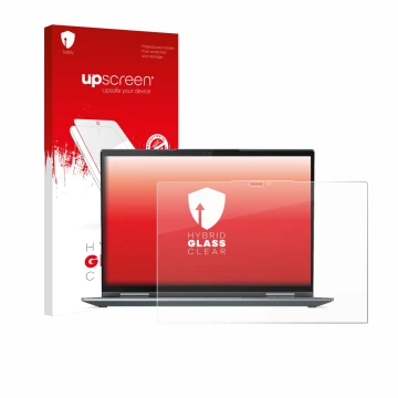 Face avant d’un emballage produit avec le logo de la marque upscreen. À côté, l’appareil Lenovo ThinkPad X1 Yoga Gen 7 est rep