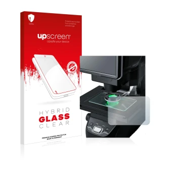 Face avant d’un emballage produit avec le logo de la marque upscreen. À côté, l’appareil Keyence IM-7030 Dessus en verre est r