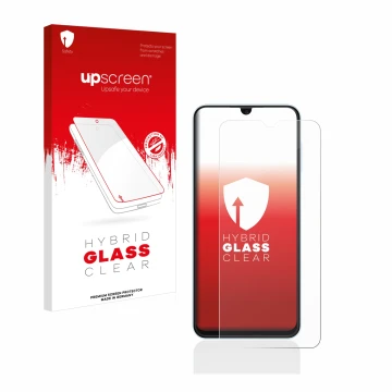 Face avant d’un emballage produit avec le logo de la marque upscreen. À côté, l’appareil Samsung Galaxy A13 est représenté ave