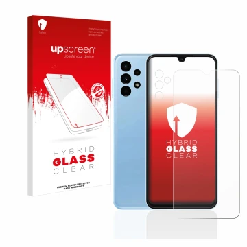 Face avant d’un emballage produit avec le logo de la marque upscreen. À côté, l’appareil Samsung Galaxy A13 (Avant+Caméra) est