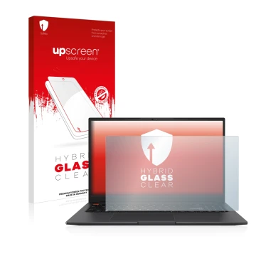 Face avant d’un emballage produit avec le logo de la marque upscreen. À côté, l’appareil ASUS VivoBook S 15 OLED est représent