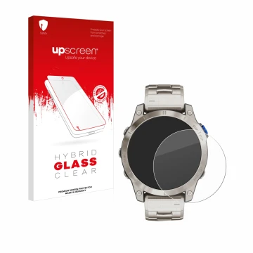 Face avant d’un emballage produit avec le logo de la marque upscreen. À côté, l’appareil Garmin D2 Mach 1 est représenté avec 