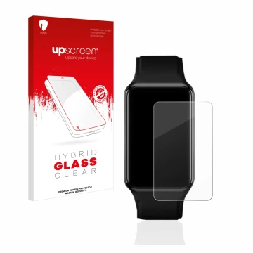 Face avant d’un emballage produit avec le logo de la marque upscreen. À côté, l’appareil Oppo Watch Free est représenté avec l