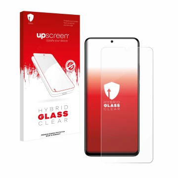 Face avant d’un emballage produit avec le logo de la marque upscreen. À côté, l’appareil Xiaomi Redmi Note 11 Pro+ 5G est repr