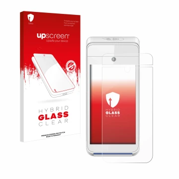 Face avant d’un emballage produit avec le logo de la marque upscreen. À côté, l’appareil Pax A920 est représenté avec la prote