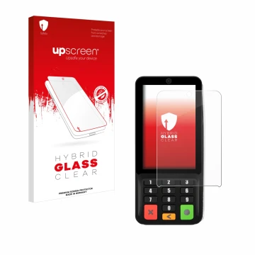 Face avant d’un emballage produit avec le logo de la marque upscreen. À côté, l’appareil Pax A35 est représenté avec la protec