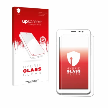 Face avant d’un emballage produit avec le logo de la marque upscreen. À côté, l’appareil Pax A77 est représenté avec la protec