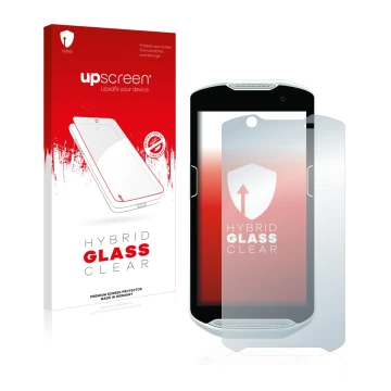 Face avant d’un emballage produit avec le logo de la marque upscreen. À côté, l’appareil Zebra TC52 est représenté avec la pro