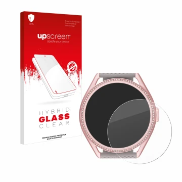 Face avant d’un emballage produit avec le logo de la marque upscreen. À côté, l’appareil Michael Kors Access MKGO Gen 5E MKT 5