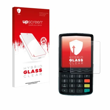 Face avant d’un emballage produit avec le logo de la marque upscreen. À côté, l’appareil ingenico Link/2500 est représenté ave