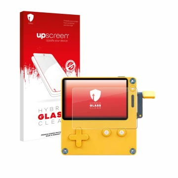 Face avant d’un emballage produit avec le logo de la marque upscreen. À côté, l’appareil Panic Playdate est représenté avec la