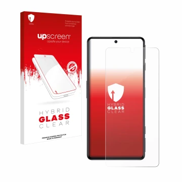 Face avant d’un emballage produit avec le logo de la marque upscreen. À côté, l’appareil Xiaomi Poco F4 GT est représenté avec