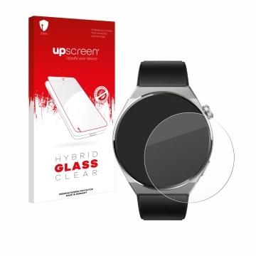 Face avant d’un emballage produit avec le logo de la marque upscreen. À côté, l’appareil Huawei Watch GT 3 Pro Titanium (46mm)