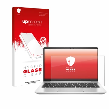 Face avant d’un emballage produit avec le logo de la marque upscreen. À côté, l’appareil HP EliteBook 645 G9 est représenté av