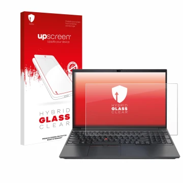 Face avant d’un emballage produit avec le logo de la marque upscreen. À côté, l’appareil Lenovo ThinkPad E15 Gen 2 est représe