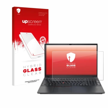 Face avant d’un emballage produit avec le logo de la marque upscreen. À côté, l’appareil Lenovo ThinkPad E15 Gen 3 est représe