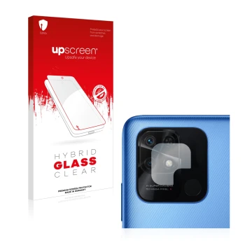Face avant d’un emballage produit avec le logo de la marque upscreen. À côté, l’appareil Xiaomi Redmi 10C (Caméra UNIQUEMENT) 