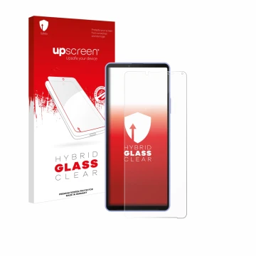 Face avant d’un emballage produit avec le logo de la marque upscreen. À côté, l’appareil Sony Xperia 10 IV est représenté avec