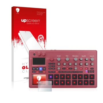 Face avant d’un emballage produit avec le logo de la marque upscreen. À côté, l’appareil KORG electribe Sampler est représenté
