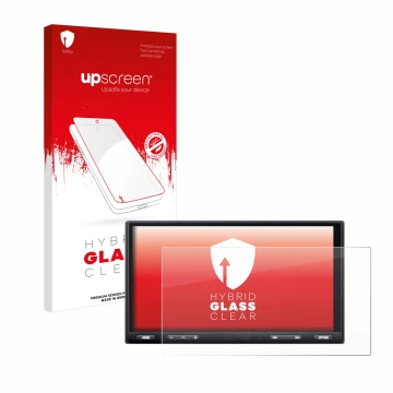 Face avant d’un emballage produit avec le logo de la marque upscreen. À côté, l’appareil Sony XAV-AX5650 est représenté avec l