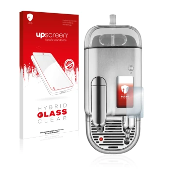 Face avant d’un emballage produit avec le logo de la marque upscreen. À côté, l’appareil Sage Nespresso Creatista Pro est repr