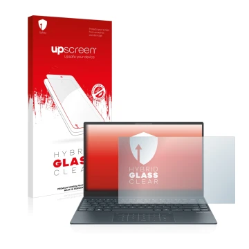 Face avant d’un emballage produit avec le logo de la marque upscreen. À côté, l’appareil ASUS ZenBook 13 OLED est représenté a