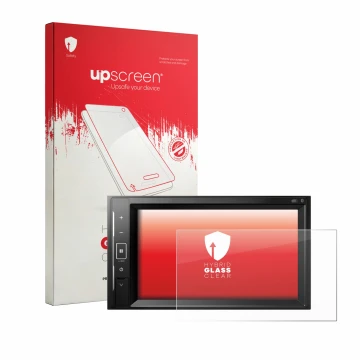 Face avant d’un emballage produit avec le logo de la marque upscreen. À côté, l’appareil Pioneer AVH-A240DAB est représenté av