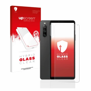 Face avant d’un emballage produit avec le logo de la marque upscreen. À côté, l’appareil Sony Xperia 10 IV (Avant+Caméra) est 
