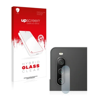 Face avant d’un emballage produit avec le logo de la marque upscreen. À côté, l’appareil Sony Xperia 10 IV (Caméra UNIQUEMENT)