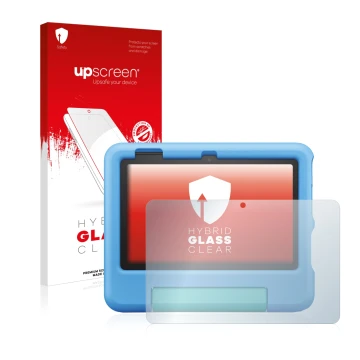 Face avant d’un emballage produit avec le logo de la marque upscreen. À côté, l’appareil Amazon Fire 7 Kids 2022 est représent